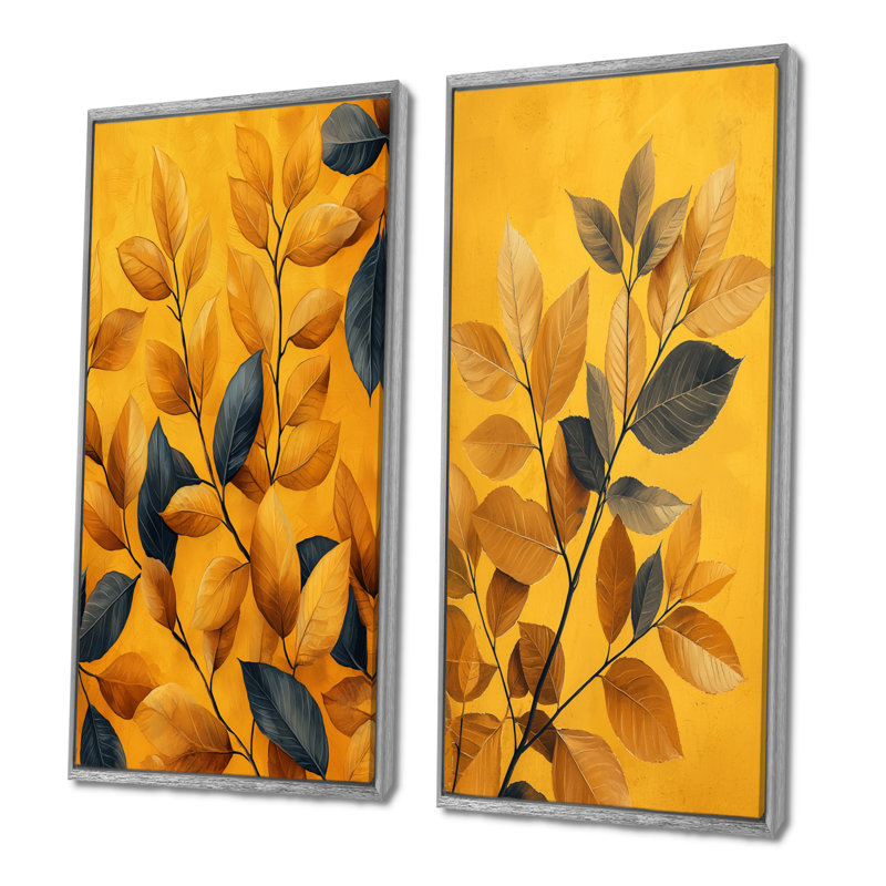 Moutarde feuilles d'automne étreinte I - art mural floral 2 panneaux, H 28 po x l 25 po, Encadrement argenté