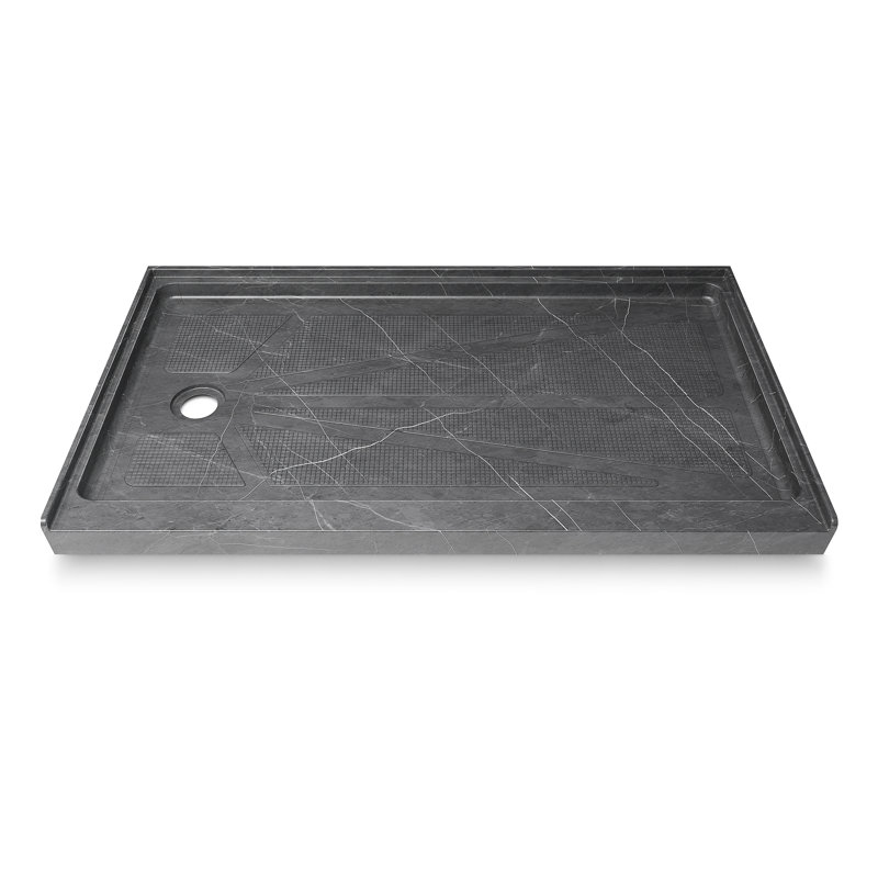 60" x 30" Single Threshold Alcove Shower Base with Left Drain, Integrated Flange and Low Profile Design, Left, Matte Gray