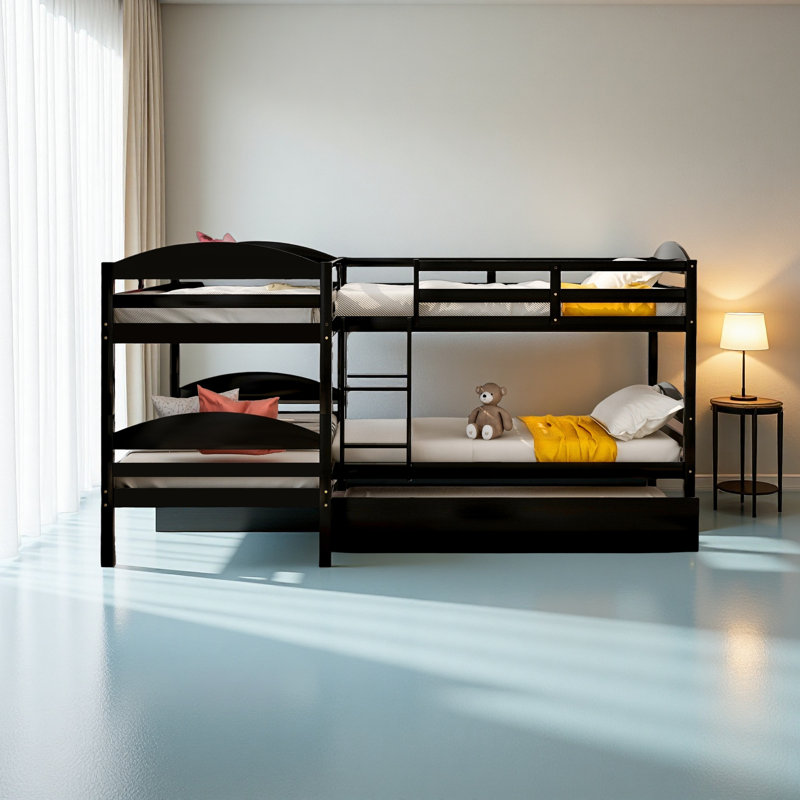 Twin L-Shaped Bunk Bed With Trundle, Espresso