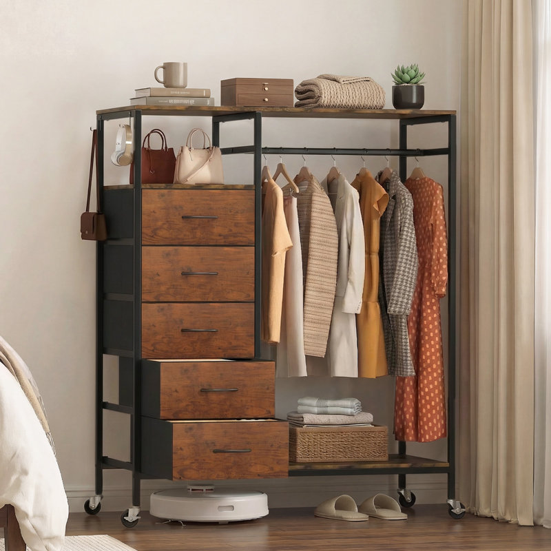 102cm Rolling Portable Wardrobe, Wood Grain