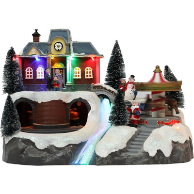8.46"H Animated Train Station & Carousel (Train & Carousel) - LED, 8 Music, BO - Hand-Painted Resin