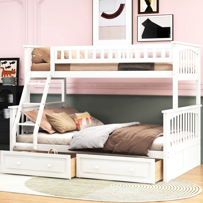 Twin Over Full White Bunk Bed With Drawers, Made Of Pine And , Slats, High - Quality Construction Finish, Combination, Stable Frame, Storage