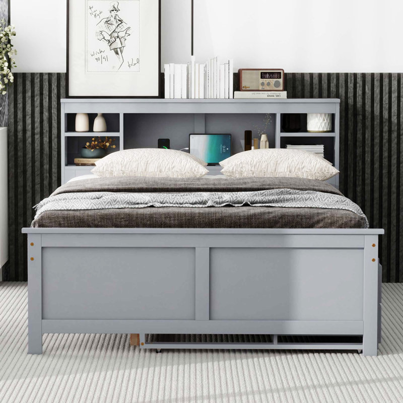 Lit plateforme avec tête de lit avec rangement, USB, lit gigogne et 3 tiroirs, Lit double, Gris