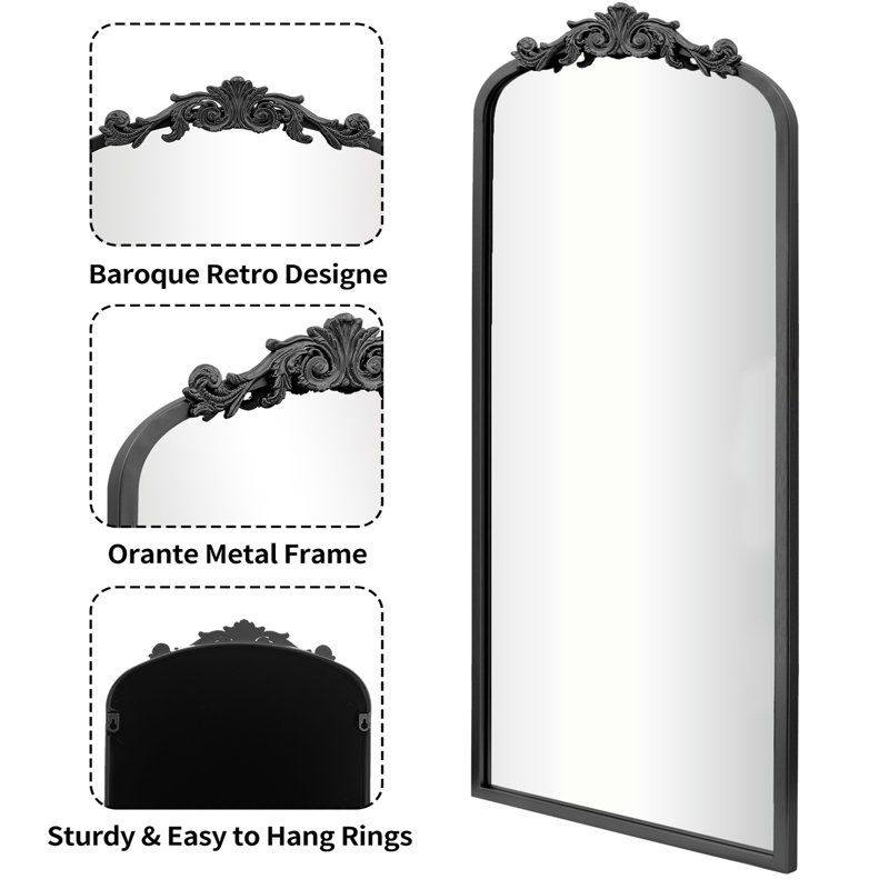 65" x 22" Arched Full Length Mirror with Ornate Vintage Crest, Floor or Wall Mounted, Black