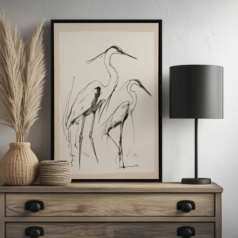 «Two Herons» par Nadja, reproduction d'art, H 32 po x l 24 po, Cadre flottant, Blanc