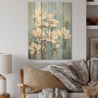 Fleur de magnolia blanche et bleue - Art mural en bois de magnolia sur bois de pin naturel