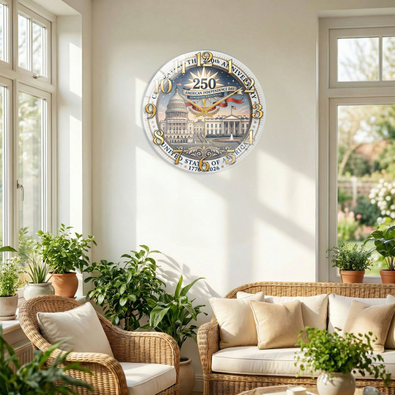 Horloge murale décorative moderne en verre American Independence USA 250th Anniversary, 60 x 60 cm (23,6 x 23,6 pouces)