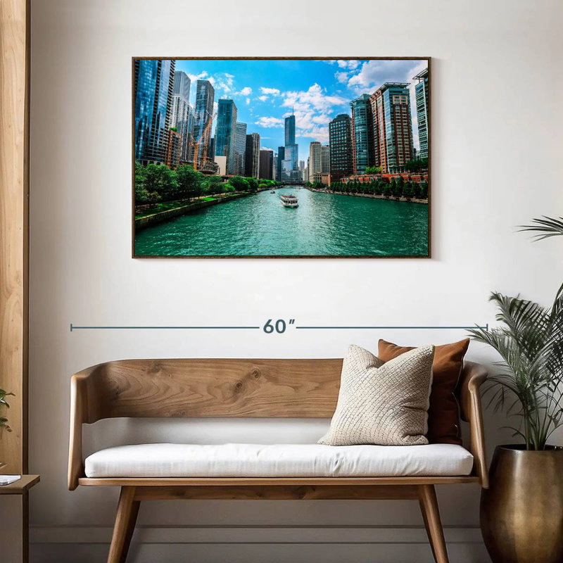 Chicago Urban River, 43 po x 29 po, Cadre flottant noyer