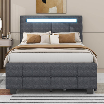 Lit plateforme simple tapissier avec cadre à DEL et 2 tiroirs