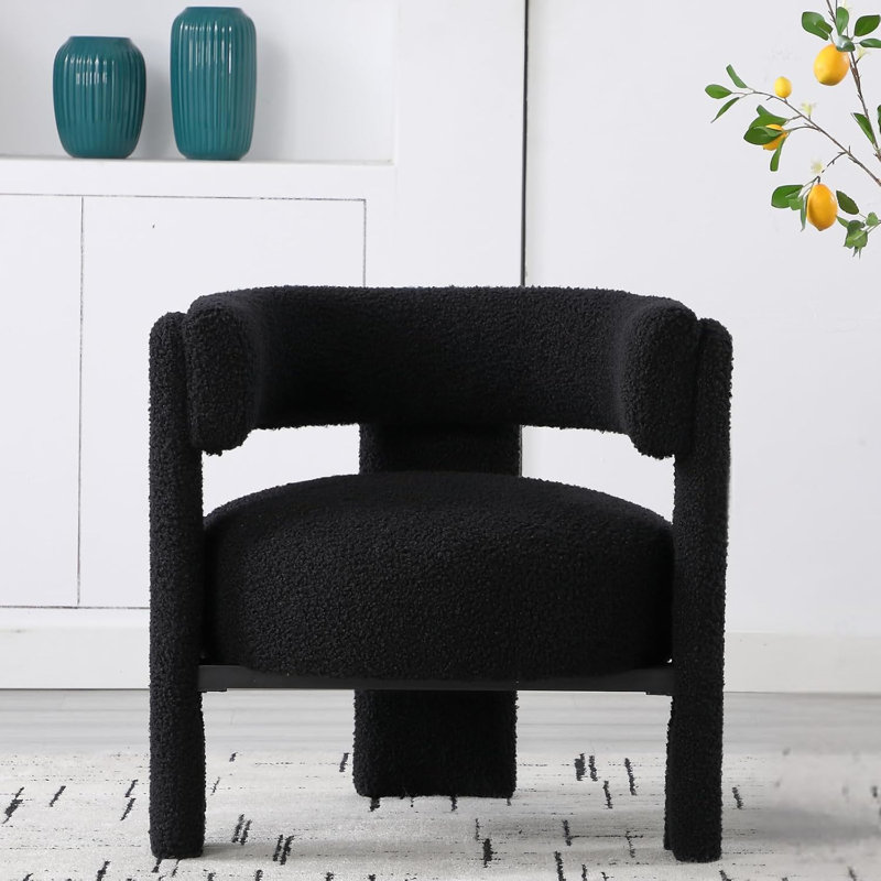 Boucle Barrel Accent Chair With Open Back Round Corner, Black