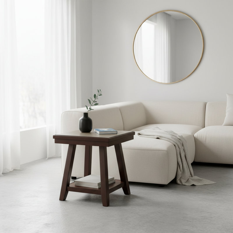 Table de bout à finition noyer avec tablette de rangement sous la table, placage en bois d'hévéa, salon | Idée de cadeau