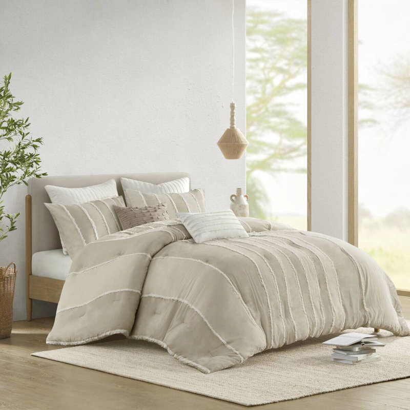 3 pièces de literie rayée taupe double / grand - tissu de coton, rembourré, rayé, garniture, visible maintenant, attrayant,