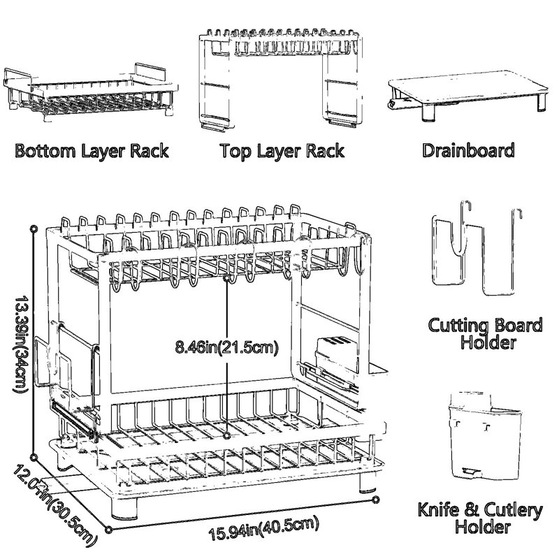 Multifunctional 2-Tier Dish Drying Rack With Drainboard - Rustproof Space-Saving Kitchen Counter Organizer With Utensil And Cup Holders