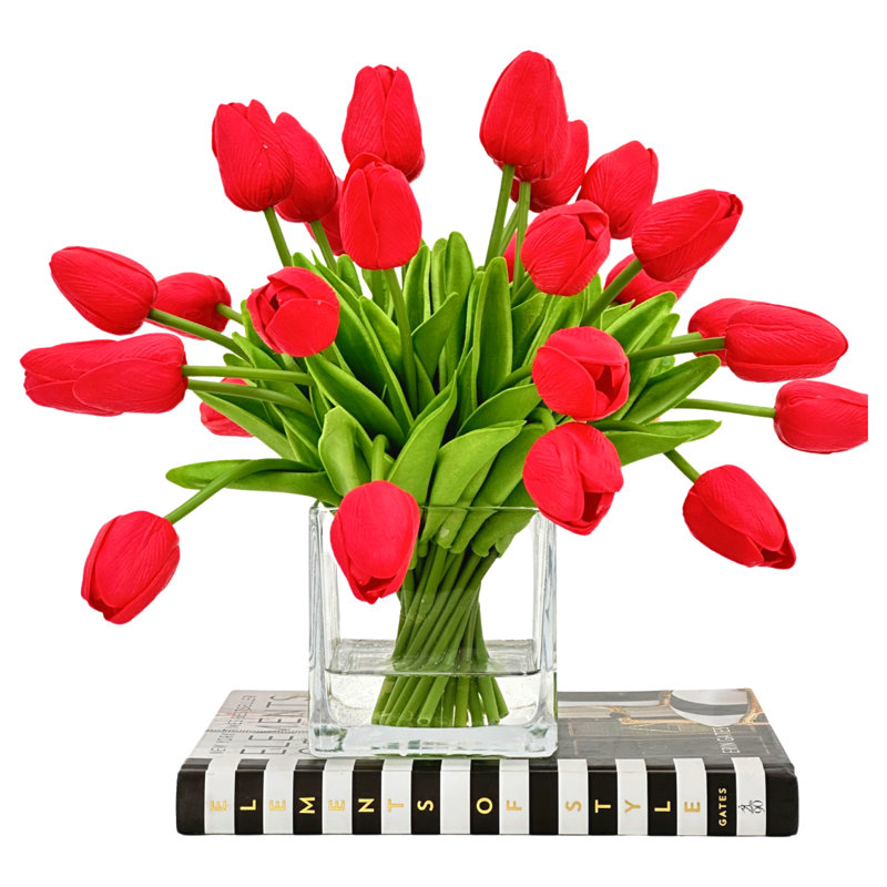 Tulipes 30 tiges, arrangement moderne, tulipes réelles, pièce maîtresse artificielle pour toujours, Rouge