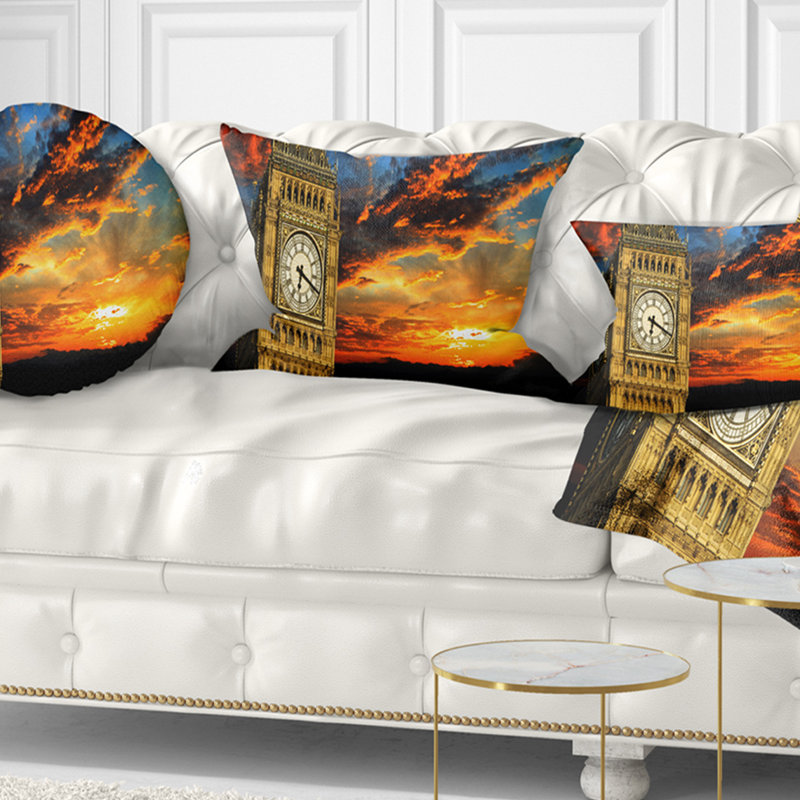 Paysage, paysage de Big Ben, Londres, au coucher du soleil, coussin panoramique, 18 po x 18 po, Carré