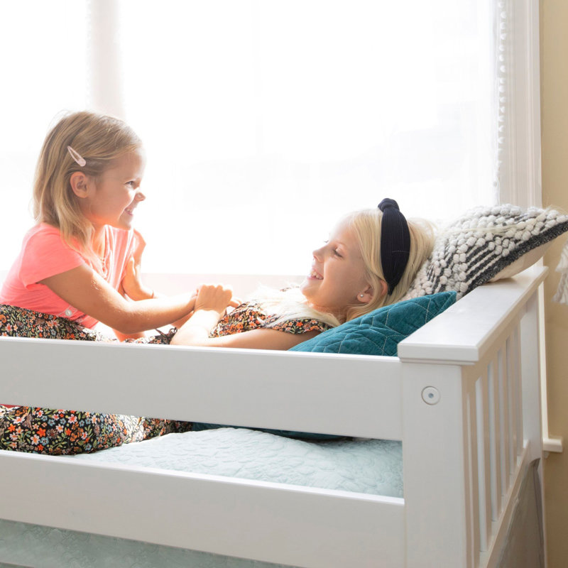 Mendelson Kids Low Bunk Bed with Curtain, White, Blue