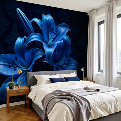 Peel and Stick Wallpaper 144" W x 100" H Modern Self Adhesive Wall Mural for Bedroom Blue Lily Flowers Dark