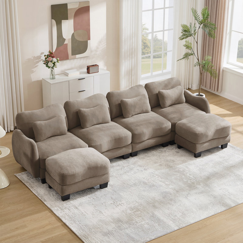 Canapé d'angle surdimensionné en chenille, en forme de U, avec 4 coussins lombaires raffinés, canapé 4 places avec 2 poufs amovibles, design ergonomique incurvé, canapé modulaire facile à assembler, idéal pour le bureau.