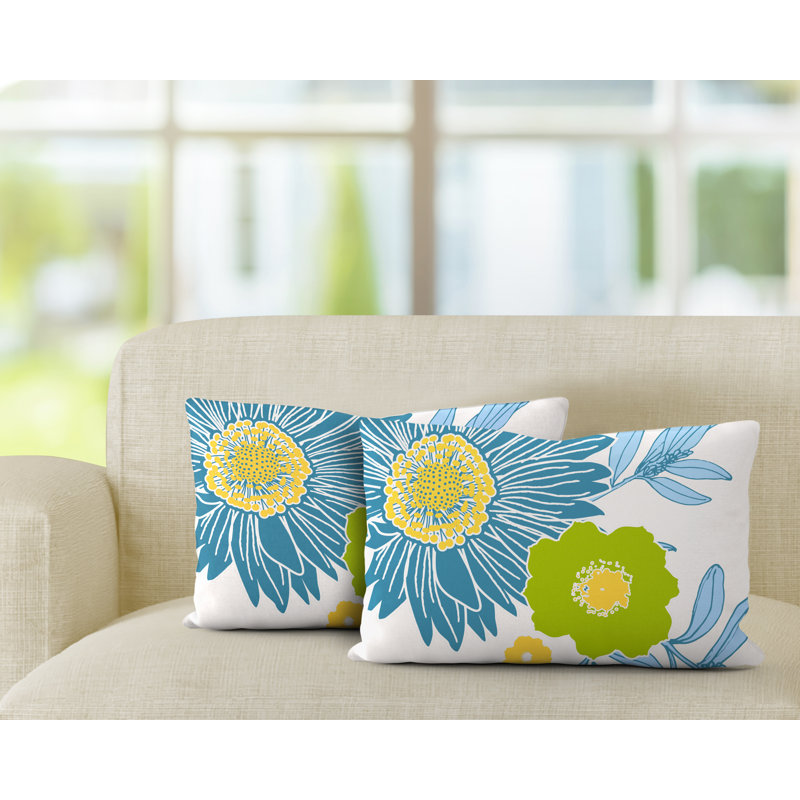 Floral Outdoor Reversible Throw Pillow, Turquoise