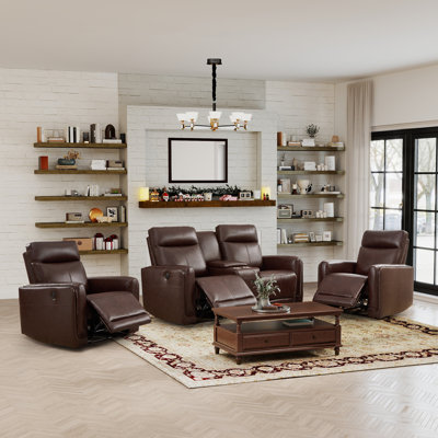 Ensemble de salon inclinable électrique en cuir fleur 3 pièces: 2 fauteuils inclinables électriques + causeuse avec console et Type-C et USB