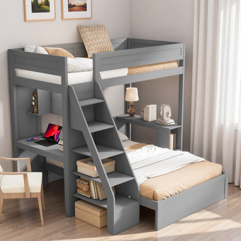 Bunk Bed With Desk And Usb, Gray