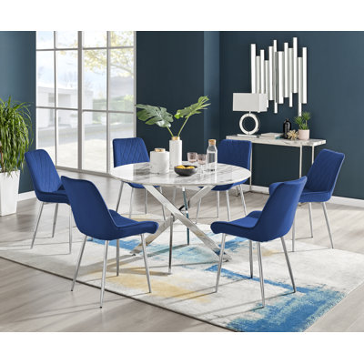 Tierra Modern Chrome Metal & Glass Round Dining Table Set with 6 Luxury Faux Leather Chairs