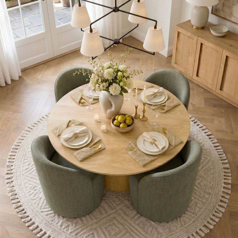 Ensemble de table de salle à manger pour 4 personnes avec table ronde unie et 4 chaises à roulettes rembourrées, Vert
