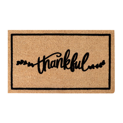 Natural Coir Flocked “Thankful Black” Door Mat, Heavy-Duty Non-Slip PVC Backing, Low-Profile Outdoor Doormat