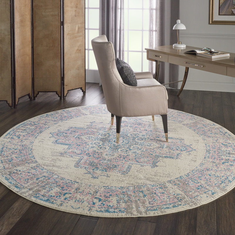 Burnie Oriental Ivory/Pink Area Rug, Round 5'3"