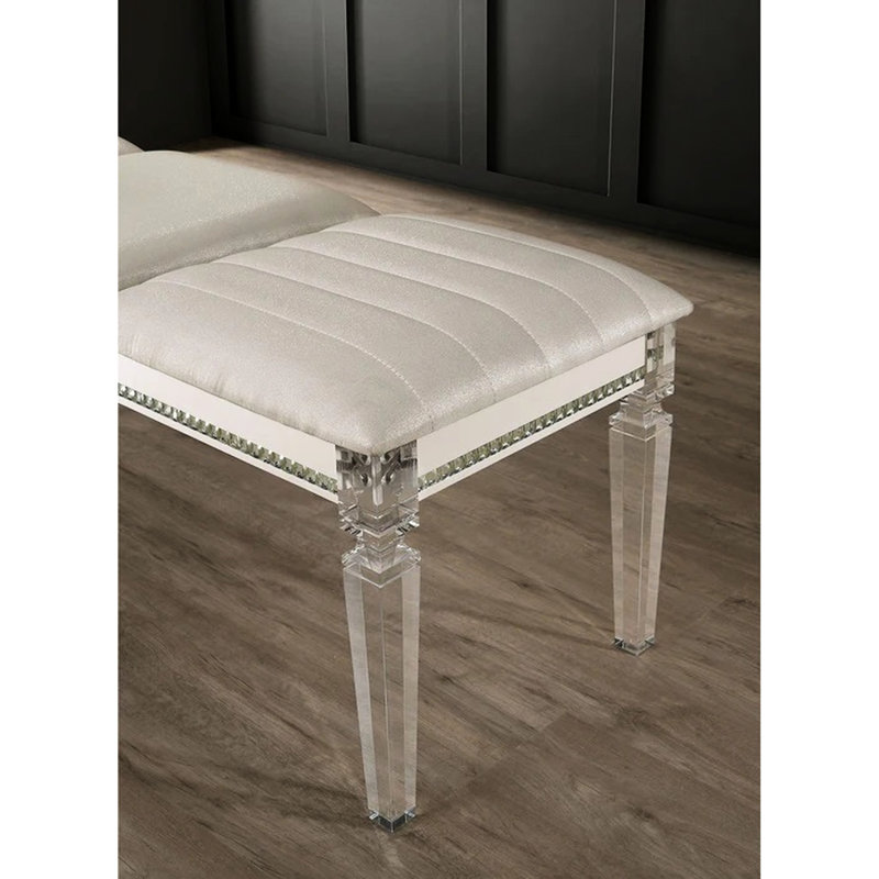 Banc en bois de perle avec pieds en acrylique et détails en cristal, Blanc antique