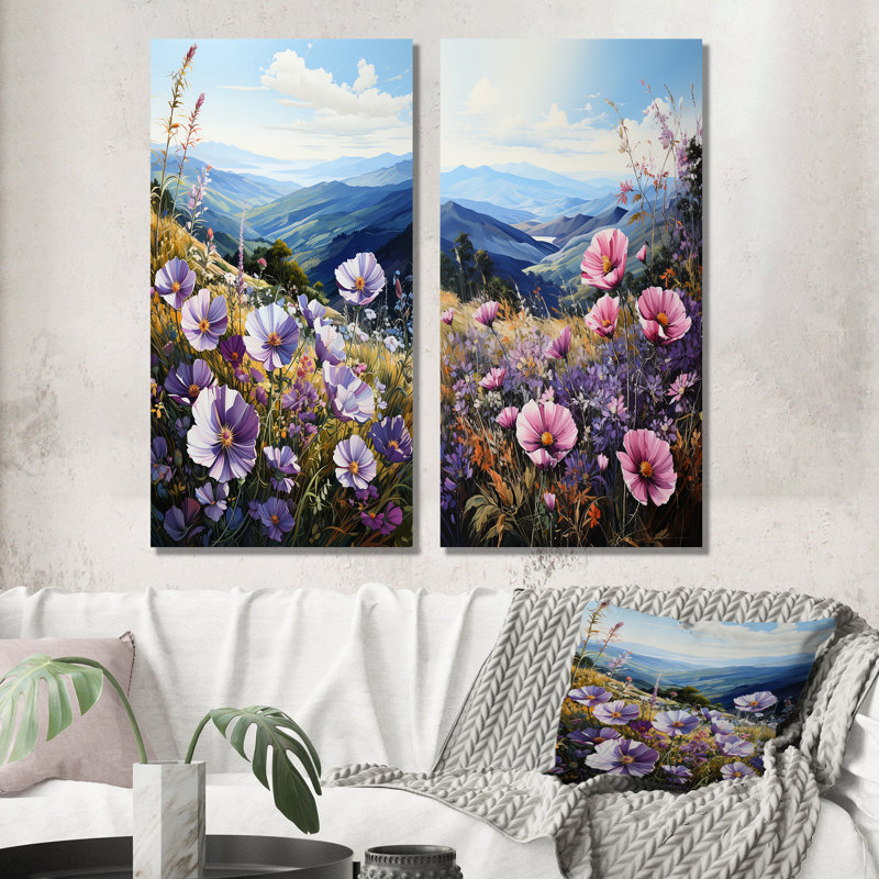 Fleurs mauves Morning Glory Hill - ensemble de 2 décorations murales paysage floral, Toile tendue, H 28 po x l 25 po