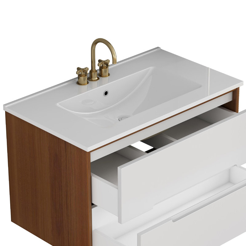Plateau de meuble-lavabo minimaliste moderne en céramique 32 pouces avec trous de robinet pré-percés Worthington (lavabo seulement)