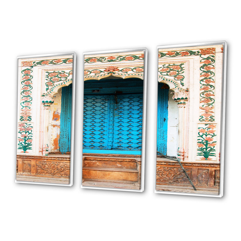Porte bleue indienne traditionnelle - ensemble d'art mural sur toile rétro encadré de 3, H 20 po x l 36 po x P 1 po, Blanc