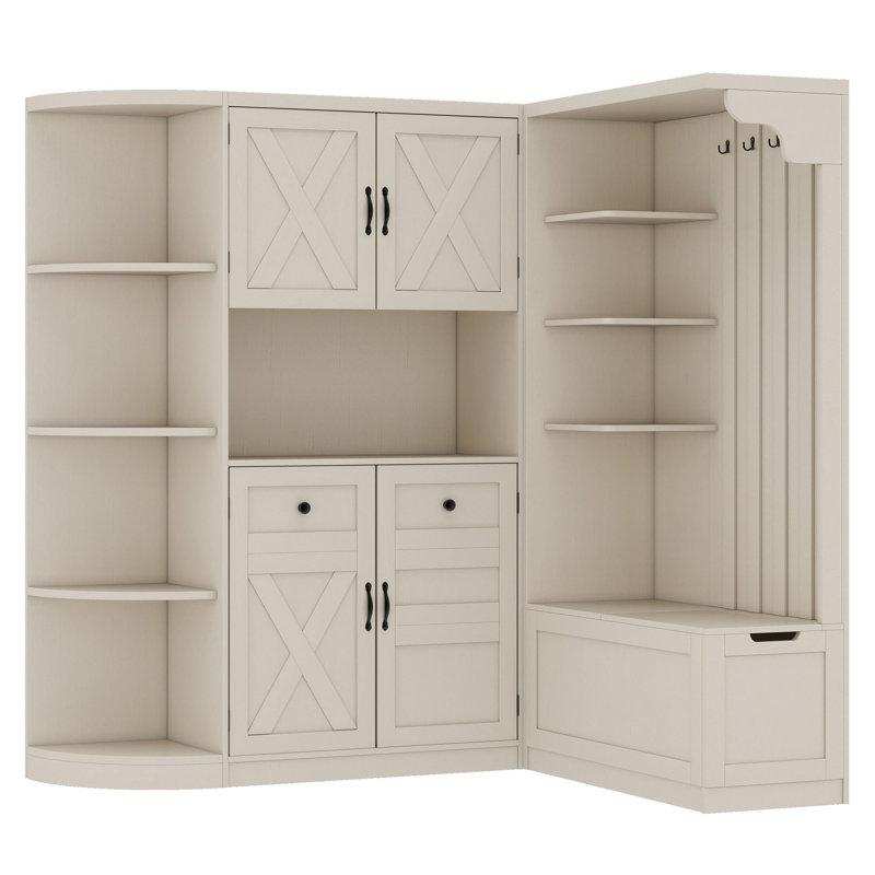 Modular L-Shaped Entryway Hall Tree?&?Storage Cabinet Set,?4?Hooks,?Shelves?&?Flip?Drawer Organizer?for?Hallway
