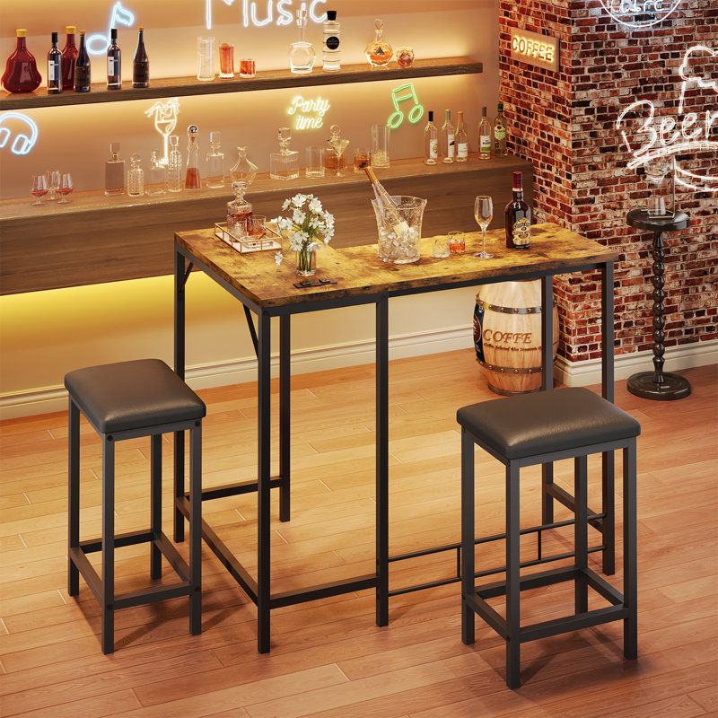Ensemble de table de bar en L peu encombrant avec prises de courant et port USB, ensemble de salle à manger à hauteur de comptoir pour 2