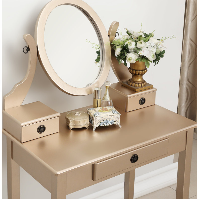 Holcomb Illuminating Gold Vanity Table And Stool , 3 Storage Drawers, Adjustable Oval Mirror Makeup With Stool,, Gold