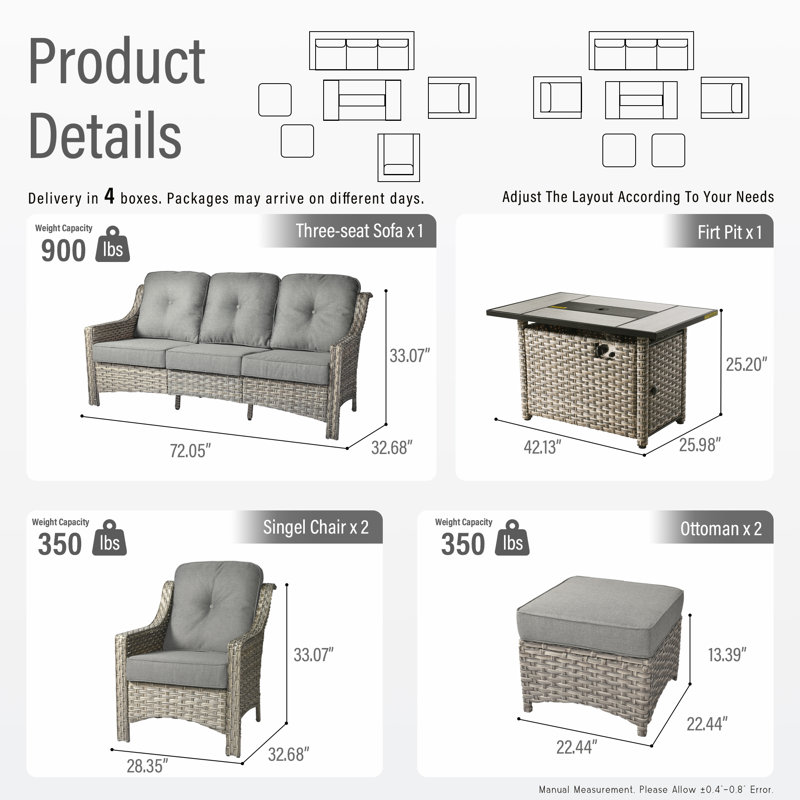 Harper 6 Pieces Patio Furniture Set With Fire Pit Table, Outdoor Wicker 3-seat Sofa With Comfy Cushion, High Back Rattan Conversation Set For Garden Backyard