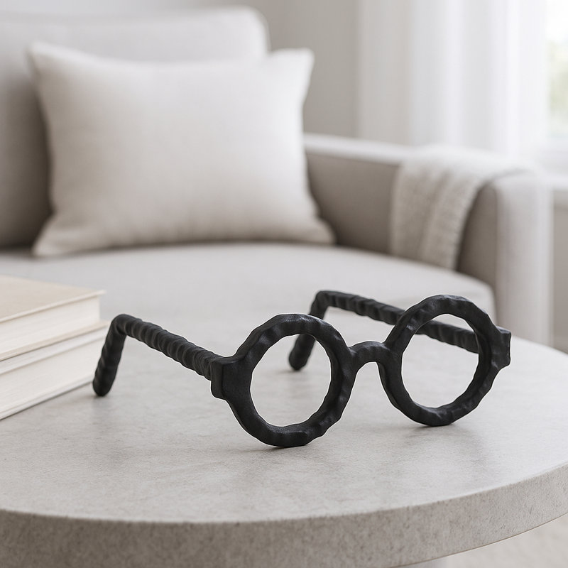Glam Metal & Aluminum Sculptural Eyeglasses Decorative Accent, 3" H x 7" W x 7" D, Black