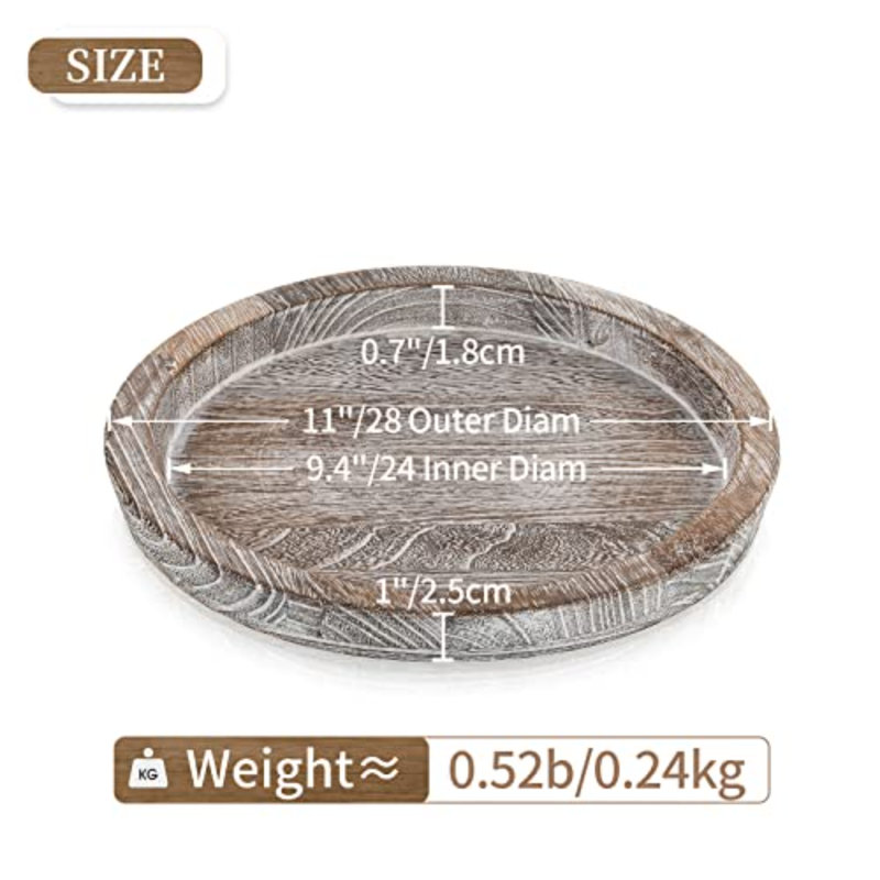 Whitewash Wooden Round Serving Tray - Farmhouse Decor For Coffee Table, Kitchen Counter, White