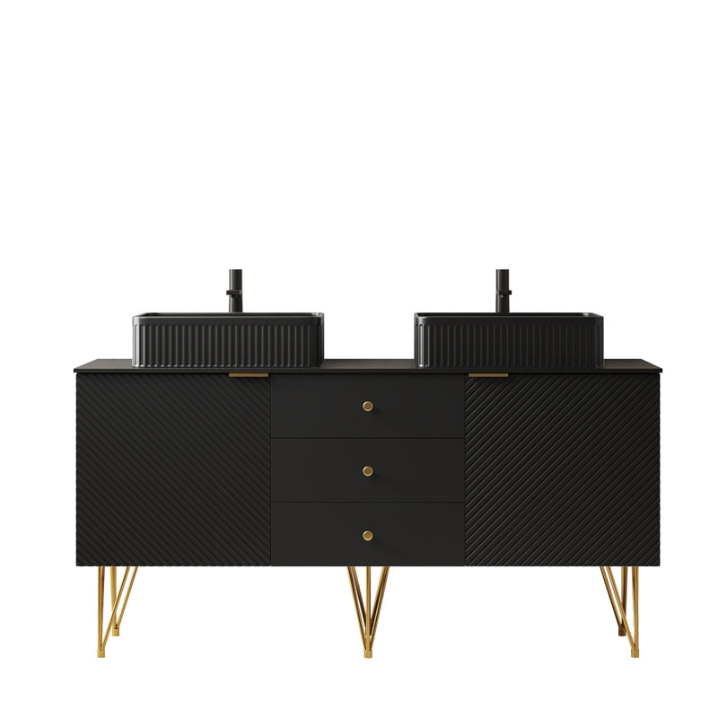 Meuble-lavabo autoportant noir 60 po avec double vasque 60 po, 4 pieds dorés, 3 tiroirs, 2 portes et plateau avec vasques en céramique