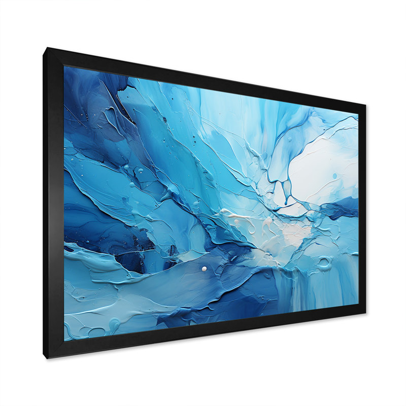 «Blue and White Cool Water Drip I - Abstract Collages, art mural sur toile, Cadre simple noir, H 12 po x l 20 po x P 1 po