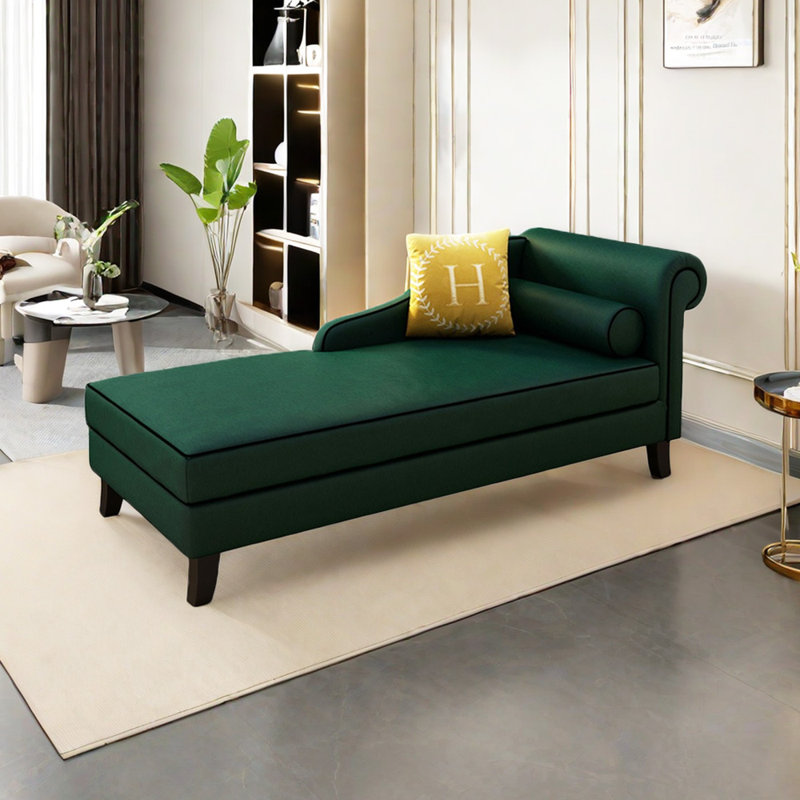 Chaise longue rembourrée Gibeon, Accoudoir à droite (vu de face), Mélange de lin vert foncé