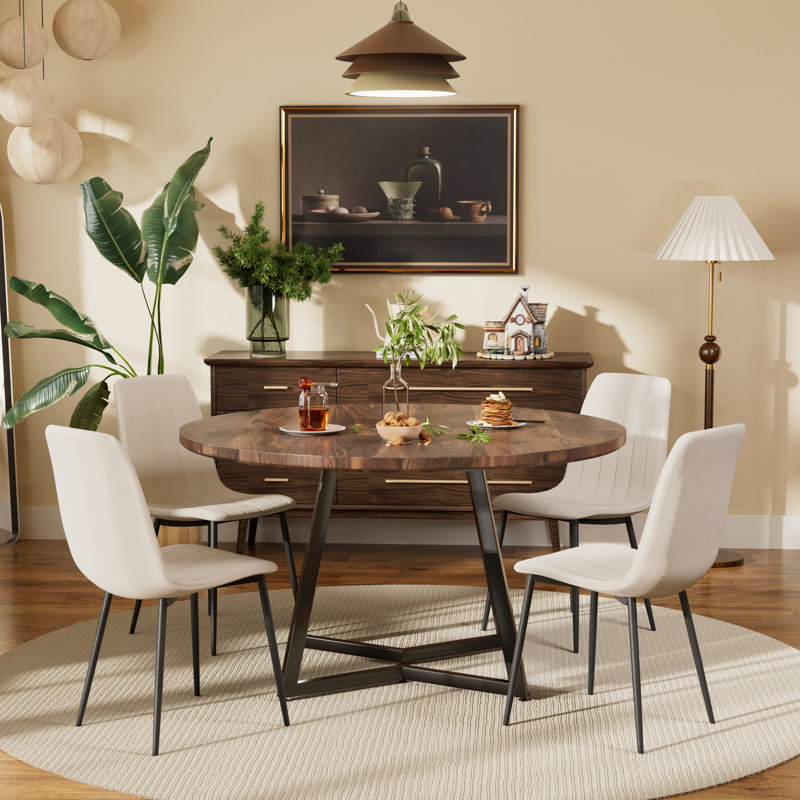 Round Dining Table Set with Velvet Upholstery Chairs, 5, Beige, Walnut