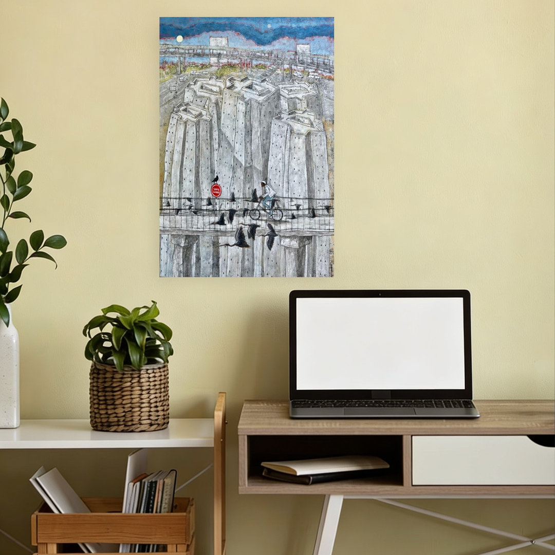 Urban Bridge Cyclist Contemporary Industrial Modern Bird Architecture City Wall Art Print