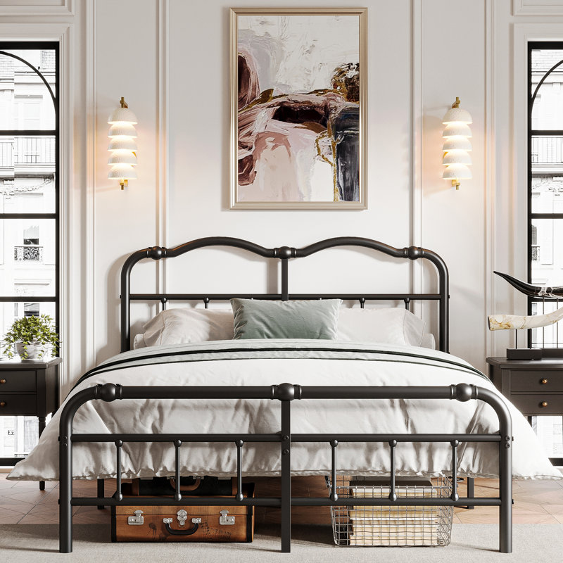 Queen Black Metal Platform Bed Frame with Headboard and Slats