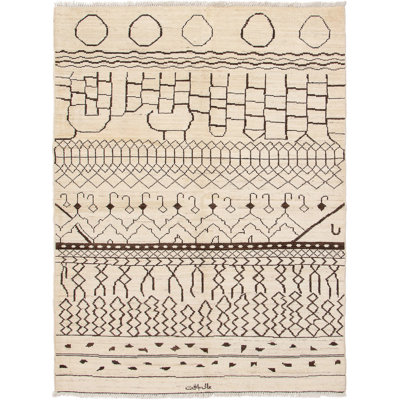 Tapis brun / beige en laine noué à la main de conception unique 6 pi 3 po x 8 pi 3 po Grogan