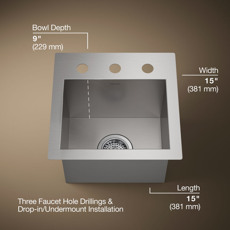 Évier de bar à montage double L 15 po x l 15 po Vault ™, 3 trous
