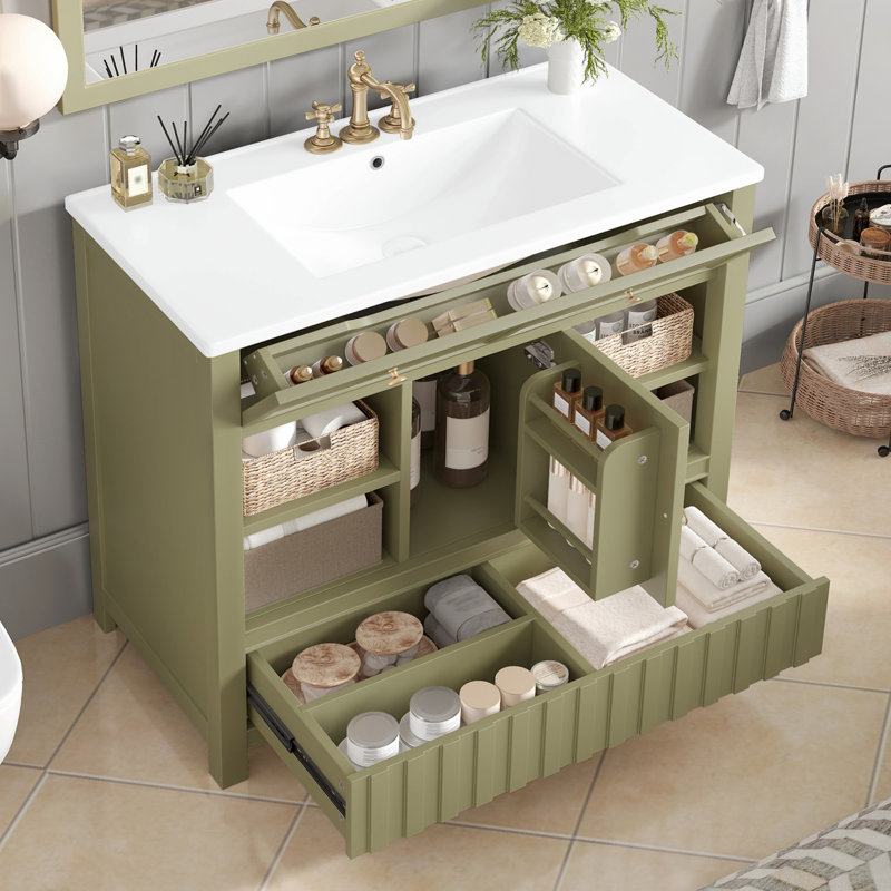 Meuble-lavabo avec lavabo, armoire de salle de bain avec tablettes de rangement et tiroirs, Vert