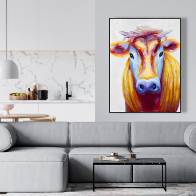 Colorful Country Cow - Blue Animals Framed Canvas Decor