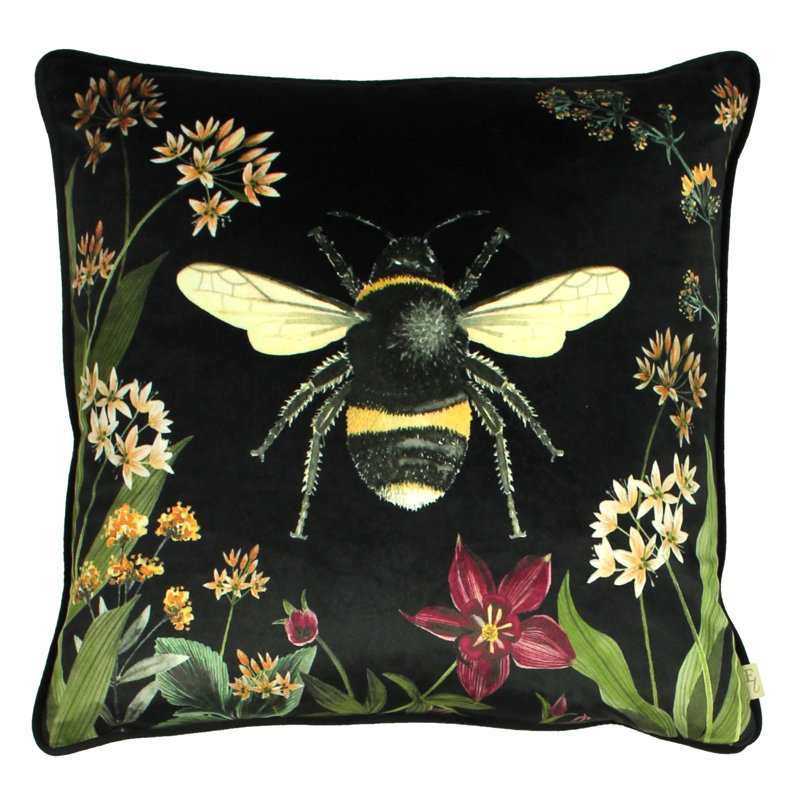 Midnight Garden Bee Velvet Piped Cushion, Feathers